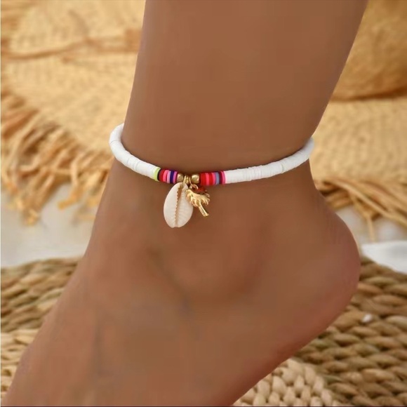 Anklet Shell Palm Tree Pendant White and Multi-Colored Polymer Clay Beads NWT - Picture 7 of 7